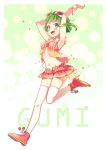  1girl :d antenna_hair armpits arms_up blurry blush bokeh character_name cherry_blossoms commentary_request crop_top depth_of_field frilled_shirt frills full_body goggles goggles_on_head green_background green_eyes green_hair groin gumi highres leg_up looking_at_viewer miniskirt navel nou open_mouth petals pink_footwear pink_shirt pink_skirt running sakura_gumi shirt shoes short_hair_with_long_locks skindentation skirt sleeveless sleeveless_shirt smile solo stomach thighhighs vocaloid white_legwear wrist_cuffs 