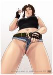  1girl azasuke azasuke_wind bare_shoulders belt black_lagoon breasts brown_hair censored cigarette fingerless_gloves gloves highres large_breasts legs looking_down masturbation midriff navel no_panties ponytail pubic_hair pussy red_eyes revy revy_(black_lagoon) short_hair short_shorts shorts simple_background solo standing tank_top tattoo thighs wedgie white_background 