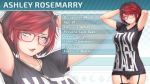  1girl arms_behind_head arms_up ashley_rosemarry black_hair black_legwear black_panties black_shirt breasts cameltoe character_profile commentary ear_piercing english_commentary freckles garter_straps glasses gluteal_fold grey_eyes highres huniepop huniepop_2 jewelry kopianget large_breasts looking_at_viewer no_pants official_art panties pendant piercing red-framed_eyewear red_hair shirt short_hair solo stayblack t-shirt tattoo thighhighs tomboy underwear wallpaper zoom_layer 
