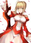  aestus_estus ahoge arm_at_side ass_visible_through_thighs bangs blush breasts cleavage cleavage_cutout cowboy_shot dress epaulettes eyebrows_visible_through_hair fate/extra fate_(series) green_eyes hand_up holding holding_sword holding_weapon juliet_sleeves large_breasts light_smile long_sleeves looking_at_viewer luzi motion_blur navel nero_claudius_(fate) nero_claudius_(fate)_(all) petals puffy_sleeves red_dress see-through short_hair sidelocks simple_background solo standing sword thigh_gap thighs waist_cape weapon white_background 