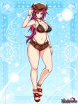  1girl baroque_night_eclipse bikini blue_eyes breasts cleavage flower full_body hair_flower hair_ornament hat jewelry large_breasts long_hair looking_at_viewer necklace parted_lips red_hair shorts smile solo standing swimsuit 