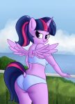  2018 5_fingers absurd_res alternate_hairstyle andelai anthro balcony bra butt clothed clothing cloud cute dock equine eyebrows eyelashes feathered_wings feathers female friendship_is_magic fully_clothed furgonomics grass hair hi_res horn leaning leaning_forward looking_back mammal multicolored_hair my_little_pony outside panties ponytail portrait purple_eyes purple_feathers railing rear_view sea signature sky smile solo sports_bra standing thick_thighs three-quarter_portrait twilight_sparkle_(mlp) underwear water winged_unicorn wings 