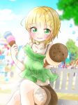  :3 bare_shoulders bench blonde_hair blouse blue_sky blurry blush bracelet cloud collarbone day depth_of_field double_scoop eyebrows_visible_through_hair feet_out_of_frame food foreshortening giving green_blouse green_eyes ice_cream ice_cream_cone idolmaster idolmaster_cinderella_girls jewelry knees_together looking_at_viewer marieshi midriff miyamoto_frederica necklace outdoors shadow short_hair shorts sitting sky sleeveless_blouse smile solo tree 