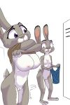  2018 akiric anthro big_breasts breast_envy breasts clitoris clothed clothing clothing_lift dipstick_ears disney duo fan_character female holding_clothing huge_breasts judy_hopps juggy_topps lagomorph locker locker_room mammal nipples nude purple_eyes pussy rabbit shirt shirt_lift simple_background small_breasts standing undressing white_background zootopia 