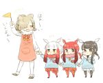  alpaca_suri_(kemono_friends) alternate_costume apron bangs black-headed_ibis_(kemono_friends) black_hair blush bow bowtie braid child clenched_hand closed_eyes contemporary eyebrows_visible_through_hair flag fur_collar fur_trim hair_over_one_eye holding_hands japanese_crested_ibis_(kemono_friends) kemono_friends kindergarten_uniform moeki_(moeki0329) multiple_girls name_tag neck_ribbon pantyhose pleated_skirt red_hair ribbon scarlet_ibis_(kemono_friends) short_hair short_hair_with_long_locks skirt translated white_hair younger 