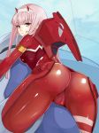  :q aqua_eyes ass bangs blue_sky blunt_bangs blush bodysuit breasts closed_mouth darling_in_the_franxx day eyebrows_visible_through_hair eyeshadow hairband horns long_hair looking_at_viewer makeup medium_breasts naga1047 pilot_suit pink_hair red_bodysuit shiny shiny_clothes skin_tight sky solo tongue tongue_out trefoil white_hairband zero_two_(darling_in_the_franxx) 
