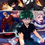  1girl 5boys bangs blonde_hair blunt_bangs boku_no_hero_academia bubaigawara_jin cardigan dabi_(boku_no_hero_academia) double_bun fangs fire green_hair hair_bun messy_hair midoriya_izuku multiple_boys muscular_(boku_no_hero_academia) sako_atsuhiro serafuku toga_himiko tongue yellow_eyes 