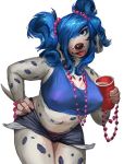  2018 anthro beverage blue_hair breasts canine clothed clothing cup dalmatian digital_media_(artwork) dog female fur hair hair_over_eye jewelry looking_at_viewer makeup mammal mascara navel navel_piercing necklace nipple_bulge piercing simple_background solo standing tacklebox tongue tongue_out 