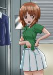  bangs blue_jacket blurry blurry_background brown_eyes brown_hair commentary_request depth_of_field eyebrows_visible_through_hair from_side girls_und_panzer green_shirt indoors jacket jacket_removed locker locker_room long_sleeves looking_to_the_side military military_uniform miniskirt nishizumi_miho ooarai_military_uniform open_clothes open_mouth open_skirt pleated_skirt shirt short_hair short_sleeves skirt smile solo standing t_k undressing uniform white_skirt 