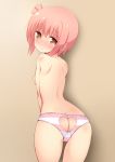  absurdres ass ass_cutout bangs blush breasts brown_background brown_eyes butt_crack cameltoe eyebrows_visible_through_hair from_behind hair_between_eyes head_tilt heart_cutout highres ichinose_hana looking_at_viewer looking_back nipples nose_blush one_side_up panties pink_hair shoulder_blades slow_start small_breasts solo striped striped_panties sweat topless underwear underwear_only yuu_(yumezakura) 