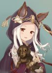  :d animal animal_ears animal_hug bangs black_cloak blush brown_eyes cloak commentary_request dog ears_through_headwear erune fingernails forehead granblue_fantasy green_background head_tilt highres hood hood_up hooded_cloak long_hair looking_at_viewer open_mouth parted_bangs sakunohi_no_moon scathacha_(granblue_fantasy) silver_hair simple_background smile solo vambraces 