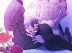  2boys 3boys abs anal ass bed bottomless cum cum_in_ass cumdrip erection final_fantasy_xv flower gladiolus_amicitia ignis_scientia multiple_boys muscle noctis_lucis_caelum penetration penis sex sitting tattoo threesome yaoi 