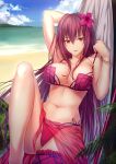  1girl arm_up bangs beach bikini bikini_pull blush bracelet breasts commentary day eyebrows_visible_through_hair fate/grand_order fate_(series) flower gae_bolg hair_between_eyes hair_flower hair_ornament hammock hand_up highres jewelry knee_up large_breasts light_smile long_hair looking_at_viewer luzi navel outdoors parted_lips polearm purple_bikini purple_eyes purple_flower purple_hair sarong scathach_(fate/grand_order) scathach_(swimsuit_assassin)_(fate) sidelocks smile solo spear swimsuit thighs tsurime weapon 