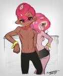  1girl ass black_skirt dark_skin dark_skinned_male dated half-closed_eyes junco looking_at_viewer looking_back miniskirt mohawk octarian octoling pink_hair pointy_hair protected_link red_hair shirtless skirt smile splatoon_(series) splatoon_2 splatoon_2:_octo_expansion squidbeak_splatoon tentacle_hair topless 