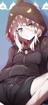  absurdres bad_id bad_twitter_id blue_eyes facial_scar fate/grand_order fate_(series) grin highres hooded_pajamas mary_read_(fate/grand_order) pajamas scar shark shark_hood smile wada_kazu white_hair 