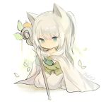  animal_ears bangs blue_eyes cape cat_ears chibi closed_mouth expressionless food fruit full_body gloves green_gloves grey_hair holding holding_staff japanese_clothes kimono leaf long_hair looking_away looking_down lpip mandarin_orange original ponytail seiza signature simple_background sitting solo staff white_cape white_kimono 