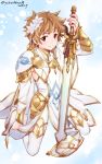  akari_seisuke brown_eyes brown_hair cosplay flower gran_(granblue_fantasy) granblue_fantasy hair_flower hair_ornament highres knights_of_glory male_focus smile solo sword the_glory the_glory_(cosplay) weapon white_armor 