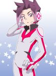  bodysuit cowboy_shot gradient gradient_background grey_background headset himiko_(asobukisetsu) looking_at_viewer male_focus multicolored_hair oga_akita pilot_suit purple_eyes purple_hair shinkansen_henkei_robo_shinkalion skin_tight solo spiked_hair star starry_background two-tone_hair 