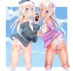  :o :q ass bare_shoulders bikini blonde_hair blue_sky blush bow butt_crack closed_mouth cloud coat day dual_persona flat_chest food frilled_bikini frills green_coat hair_bow holding holding_food holding_spoon ice_cream interlocked_fingers kantai_collection leaning_forward long_hair long_sleeves looking_at_viewer looking_back multiple_girls off_shoulder one-piece_swimsuit one-piece_tan open_clothes open_coat outdoors outside_border p_answer parted_lips pink_coat ro-500_(kantai_collection) shiny shiny_hair sky spoon swimsuit tan tanline tareme thighs tongue tongue_out u-511_(kantai_collection) white_bikini white_bow white_swimsuit 