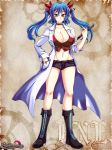 1girl baroque_night_eclipse blue_hair boots breasts brown_eyes huge_breasts labcoat long_hair shorts solo twintails 