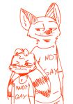  2018 anthro blush canine clothed clothing disney duo ear_markings english_text facial_markings fox frown fuel_(artist) fur_markings half-closed_eyes hand_on_head humor jack_savage lagomorph male male/male mammal markings monochrome nick_wilde pun rabbit red_and_white simple_background smile stated_homosexuality text white_background zootopia 