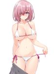  adapted_costume bare_shoulders bikini blush breasts collarbone commentary eyebrows_visible_through_hair fate/grand_order fate_(series) hair_over_one_eye highres hips large_breasts lavender_hair looking_at_viewer mash_kyrielight navel purple_eyes short_hair shunichi side-tie_bikini simple_background smile solo standing swimsuit swimsuit_of_perpetual_summer thighs white_background white_bikini 