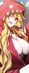  absurdres anne_bonny_(fate/grand_order) bad_id bad_twitter_id blonde_hair breasts fate/grand_order fate_(series) highres hooded_pajamas large_breasts long_hair one_eye_closed pajamas red_eyes shark shark_hood unzipped very_long_hair wada_kazu 