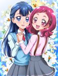  :d blue_background blue_eyes blue_hair blue_shirt blush cowboy_shot floral_background flower from_behind gradient gradient_background hanzou highres holding_hands hugtto!_precure interlocked_fingers l'avenir_academy_uniform light_particles lily_(flower) long_hair long_sleeves looking_at_viewer looking_back multiple_girls necktie nono_hana open_mouth pink_eyes pink_hair pink_shirt pleated_skirt precure red_neckwear shirt short_hair skirt smile suspenders sweater_vest yakushiji_saaya yuri 