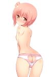  absurdres ass ass_cutout bangs blush breasts brown_eyes butt_crack cameltoe eyebrows_visible_through_hair from_behind hair_between_eyes head_tilt heart_cutout highres ichinose_hana looking_at_viewer looking_back nipples nose_blush one_side_up panties pink_hair shoulder_blades simple_background slow_start small_breasts solo striped striped_panties sweat topless underwear underwear_only white_background yuu_(yumezakura) 