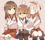  3girls :3 akagi_(kantai_collection) black_legwear blue_ribbon brown_hair closed_eyes commentary embarrassed grey_hair hairband heart ina_(1813576) japanese_clothes kaga_(kantai_collection) kantai_collection long_hair multiple_girls open_mouth red_hairband red_ribbon ribbon short_sleeves shoukaku_(kantai_collection) side_ponytail sitting spoken_ellipsis sweat sweatdrop thighhighs white_legwear yuri 