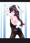  absurdres animal_ears armpits arms_up ass bangs bare_shoulders black_leotard blush braid bunny_ears bunny_tail bunnysuit closed_mouth covered_nipples cowboy_shot eyebrows_visible_through_hair flat_chest from_behind hair_ribbon heart highres kantai_collection kemonomimi_mode legs_apart leotard long_hair looking_at_viewer looking_back pantyhose red_ribbon ribbon shigure_(kantai_collection) shiny shiny_hair shiny_skin shirogane_(cufsser) shoulder_blades sidelocks signature single_braid smile solo standing strapless strapless_leotard striped striped_background tail two-tone_background vertical-striped_background vertical_stripes 