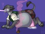  &lt;3 2017 2_toes anthro belly berrywoof big_belly black_nose blush bovine cattle clothed clothing digital_drawing_(artwork) digital_media_(artwork) drooling eyewear feeding_tube fur glasses green_clothing green_shirt green_topwear hooves horn ivory_silence male mammal milk muzzle_(object) muzzled overweight pipe purple_background saliva simple_background smoke solo sweat teats text toes udders weight_gain 