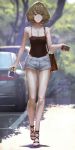  alcohol bag bare_arms bare_legs bare_shoulders black_footwear blue_eyes blurry blurry_background breasts camisole car casual cellphone cleavage closed_mouth collarbone commentary cross cross_necklace cutoff_jeans cutoffs day depth_of_field foliage full_body ground_vehicle heterochromia highres holding holding_phone idolmaster idolmaster_cinderella_girls jar jewelry leotard looking_at_viewer medium_breasts mole mole_under_eye motor_vehicle necklace one_cup open_toe_shoes outdoors pendant phone sake shiny shiny_hair short_shorts shorts shoulder_bag smartphone smile solo spaghetti_strap standing takagaki_kaede tree tsurime walking yasukura_(shibu11) 