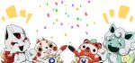  2020_summer_olympics black_eyes clapping closed_eyes confetti fox kitsune_(team_i) kitsune_(team_u) komainu komainu_(team_i) leaf leaf_on_head mascot miyako_ameko no_humans olympics open_mouth rope shimenawa simple_background smile solid_circle_eyes tanuki tanuki_(team_u) upper_body white_background yellow_sclera 