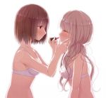  applying_makeup backlighting bangs bare_arms bare_shoulders blush bra breasts brown_eyes brown_hair cleavage closed_eyes closed_mouth commentary_request fingernails from_side hair_between_eyes hand_on_another's_cheek hand_on_another's_face holding kago_no_tori light_brown_hair lipstick lipstick_tube long_hair makeup medium_breasts multiple_girls original profile short_hair simple_background underwear underwear_only upper_body very_long_hair white_background white_bra 