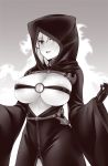  areola_slip areolae breasts cloak covered_nipples gloves greyscale hood large_breasts lich_(monster_girl_encyclopedia) lips long_sleeves looking_at_viewer monochrome monster_girl monster_girl_encyclopedia open_mouth solo uni8 wide_hips 