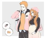  1boy 1girl black_pants black_shirt bleach blue_background blue_shirt border breasts brown_eyes candy_bar cheese couple fitstarrysky food hat hat_ornament husband_and_wife inoue_orihime jacket jewelry kurosaki_ichigo large_breasts long_hair long_skirt orange_hair orange_vest pants pink_handbag pink_hat pink_jacket pink_skirt pregnant ring shirt skirt speech_bubble wedding_band white_border 