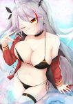  ;q absurdres antenna_hair azur_lane bad_hands bikini black_bikini black_ribbon blue_innertube blush breasts cleavage closed_mouth collarbone cowboy_shot cross cross_earrings earrings eyebrows_visible_through_hair head_tilt highres innertube iron_cross jacket jewelry kuaua large_breasts lifted_by_self long_hair looking_at_viewer multicolored_hair navel off_shoulder one_eye_closed open_clothes open_jacket prinz_eugen_(azur_lane) red_hair red_jacket ribbon side-tie_bikini silver_hair single_bare_shoulder solo standing stomach strap_lift streaked_hair swimsuit thigh_strap tongue tongue_out two_side_up very_long_hair yellow_eyes 