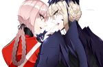  2girls armor artoria_pendragon_(all) artoria_pendragon_(lancer_alter) biting black_ribbon blonde_hair braid face-to-face fangs fate/grand_order fate_(series) florence_nightingale_(fate/grand_order) from_behind gloves hair_ribbon hair_rings hand_grab highres hochikass horns long_braid long_hair looking_at_another looped_braids multiple_girls open_mouth pink_hair ribbon single_braid white_background white_gloves 