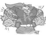  anthro canine cape clothed clothing eda gloves hands_on_hips hyper hyper_muscles male mammal monochrome muscular muscular_male sketch solo torn_clothing 