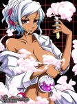  1girl baroque_night_eclipse breasts cleavage huge_breasts labcoat navel red_eyes scientist short_hair solo test_tube white_hair 
