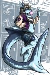  anthro belly big_belly big_breasts breasts bubble_gum clothed clothing denim_shorts eda female fish furgonomics furry-specific_piercing locker marine open_jacket piercing school shark shorts slightly_chubby solo spikes standing tail_piercing 