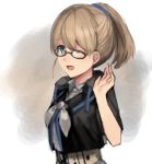  bespectacled black_shirt blue_eyes brown_hair glasses intrepid_(kantai_collection) kantai_collection looking_at_viewer neck_pillow neckerchief open_mouth ponytail sha_(isago) shirt short_hair smile upper_body waving white_neckwear 
