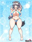  1girl animal_ears baroque_night_eclipse bikini blue_eyes breasts cleavage curvy double_v full_body grey_hair huge_breasts long_hair looking_at_viewer smile solo standing star swimsuit tail thick_thighs v wide_hips wolf_ears wolf_tail 