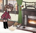  black_legwear brown_hair commentary fire fireplace fireplace_tool_stand full_body indoors japanese_clothes kantai_collection kariginu katana long_hair long_sleeves lowres pillow pleated_skirt pointing pointing_down ryuujou_(kantai_collection) sheath sheathed skirt solo sword terrajin translated twintails visor_cap weapon window z_flag 