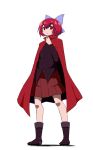  black_footwear black_shirt boots bow cape expressionless eyebrows_visible_through_hair full_body hair_bow highres knee_boots legs_apart long_sleeves looking_at_viewer medium_skirt purple_bow red_cape red_eyes red_hair red_skirt sekibanki shiny shiny_hair shiozaki16 shirt short_hair simple_background skirt solo standing touhou white_background 