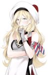  armband bare_shoulders beret blonde_hair blue_eyes blush dress gloves grey_gloves hat kantai_collection long_hair mole mole_under_eye morinaga_miki pom_pom_(clothes) richelieu_(kantai_collection) simple_background solo strapless strapless_dress white_background white_dress white_hat 