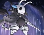  2018 ambiguous_gender antennae belly cloak clothing dechroma digital_media_(artwork) dragon dragonflora empty_eyes flower hollow_knight leaf male mask melee_weapon nail_(hollow_knight) plant simple_background solo sword video_games weapon xilrayne 