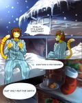  ! 2017 5_fingers anthro bed bedroom blue_bottomwear blue_topwear brown_hair brown_nose cheetah chimney christmas clenched_teeth clothing comic cookie cup detailed_background dialogue eyebrows feline food front_view fur hair hi_res holidays humanoid_hands looking_back looking_up male mammal mono_g multicolored_fur on_bed pajamas pillow purple_eyes side_view sitting snow snow_cheetah solo spread_legs spreading tan_fur teeth window winter yellow_fur 