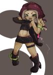  armpits asymmetrical_sleeves boots breasts commentary_request full_body green_eyes hands_up high_heel_boots high_heels highres looking_at_viewer md5_mismatch midriff navel octarian octoling open_mouth red_hair small_breasts solo splatoon_(series) splatoon_2 squidbeak_splatoon standing tentacle_hair wristband yeti_(mu_kaiten) 